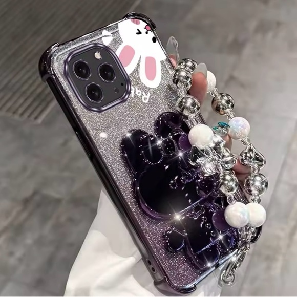 iPhone 16 Pro Max Case – Glitter Bunny Design with 3D Bear & Beaded Chain - Picture 1 of 7